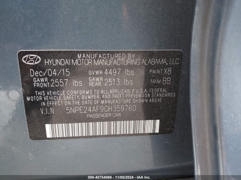 2016 HYUNDAI SONATA VIN: 5NPE24AF9GH359760