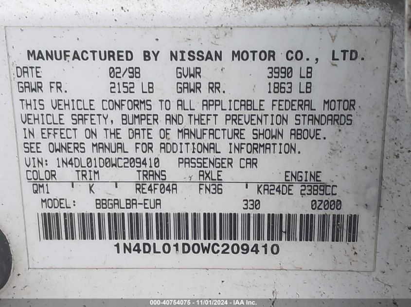 1998 Nissan Altima Gle/Gxe/Se/Xe VIN: 1N4DL01D0WC209410 Lot: 40754075