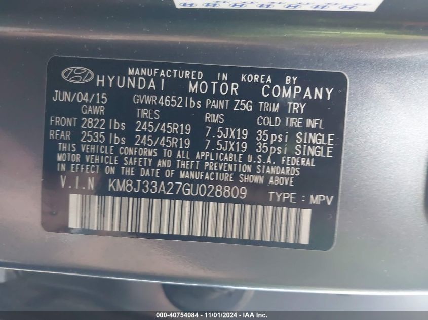 2016 Hyundai Tucson Limited VIN: KM8J33A27GU028809 Lot: 40754084