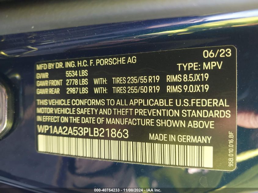 2023 Porsche Macan T VIN: WP1AA2A53PLB21863 Lot: 40754233