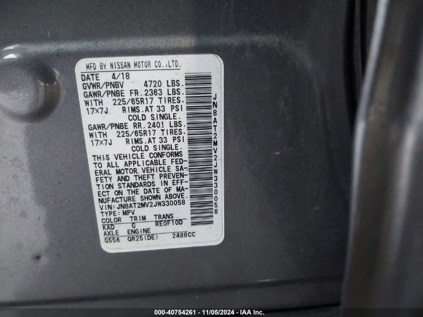 2018 Nissan Rogue S VIN: JN8AT2MV2JW330056 Lot: 40754261