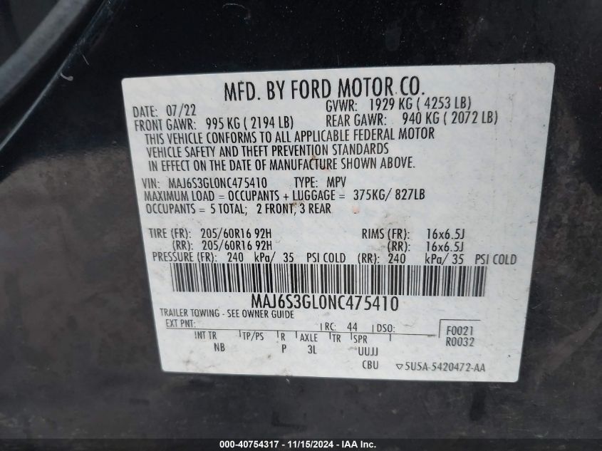 2022 Ford Ecosport Se VIN: MAJ6S3GL0NC475410 Lot: 40754317