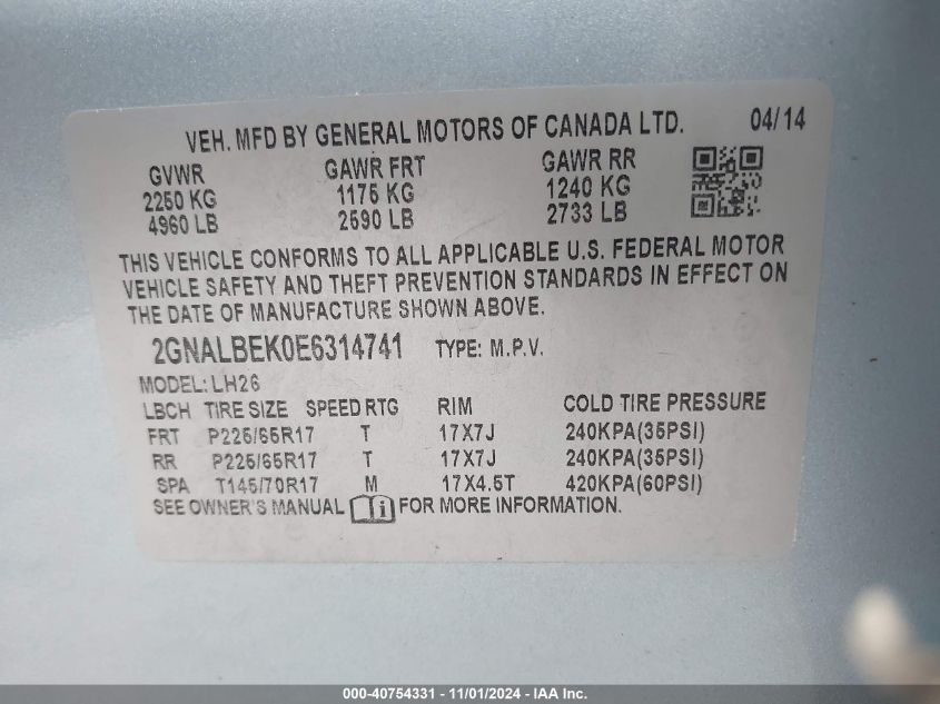 VIN 2GNALBEK0E6314741 2014 CHEVROLET EQUINOX no.9