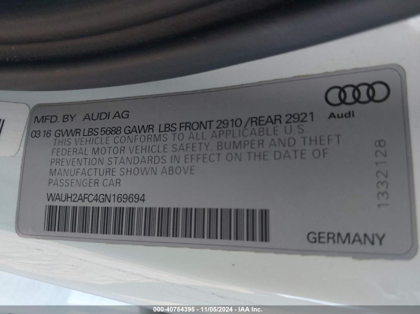 2016 Audi S6 4.0T Premium Plus VIN: WAUH2AFC4GN169694 Lot: 40754395