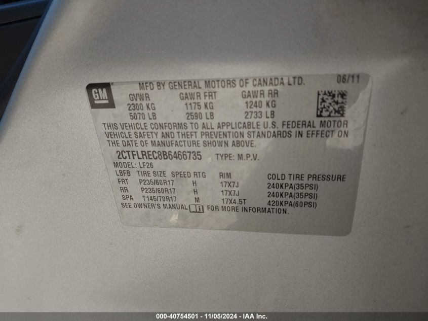 2011 GMC Terrain Sle-1 VIN: 2CTFLREC8B6466735 Lot: 40754501