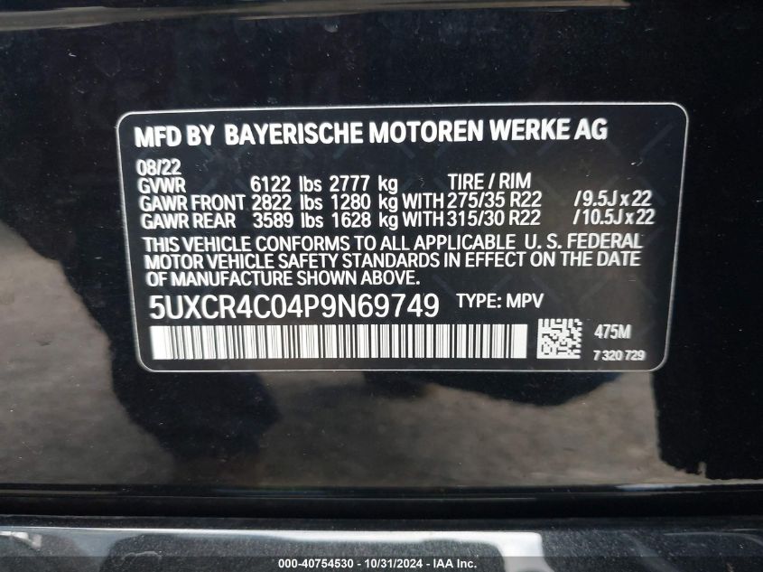 VIN 5UXCR4C04P9N69749 2023 BMW X5, Sdrive40I no.9