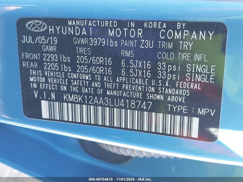 2020 Hyundai Kona Se VIN: KM8K12AA3LU418747 Lot: 40754618