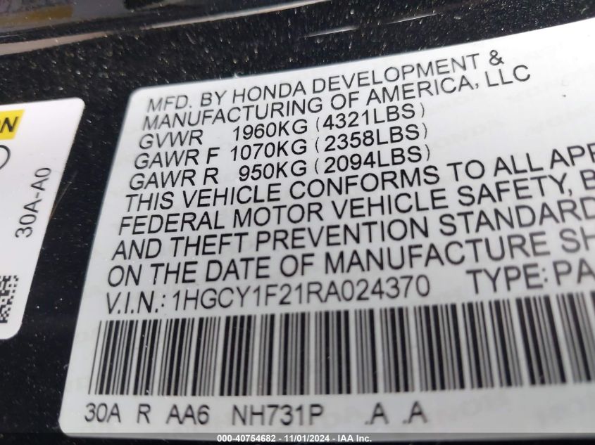 2024 Honda Accord Lx VIN: 1HGCY1F21RA024370 Lot: 40754682