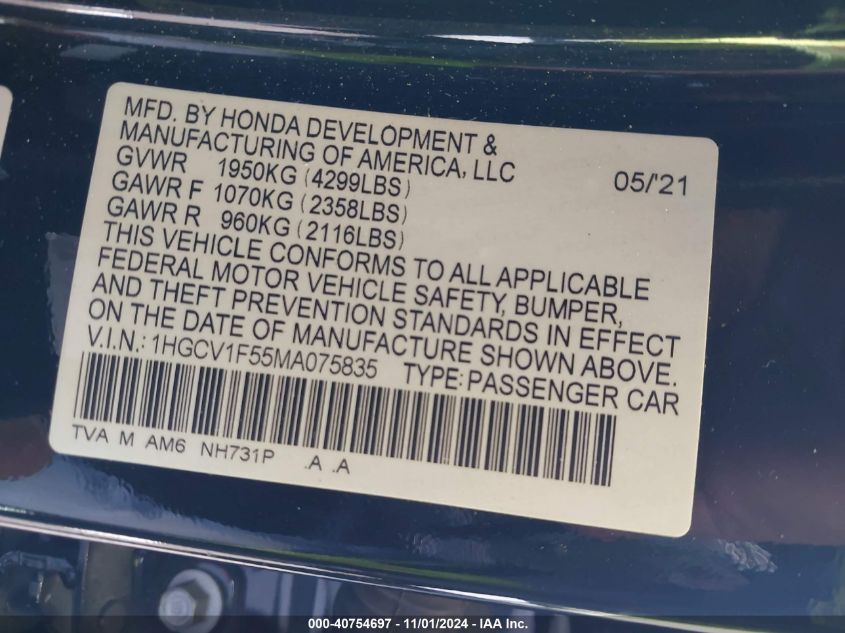 2021 Honda Accord Ex-L VIN: 1HGCV1F55MA075835 Lot: 40754697