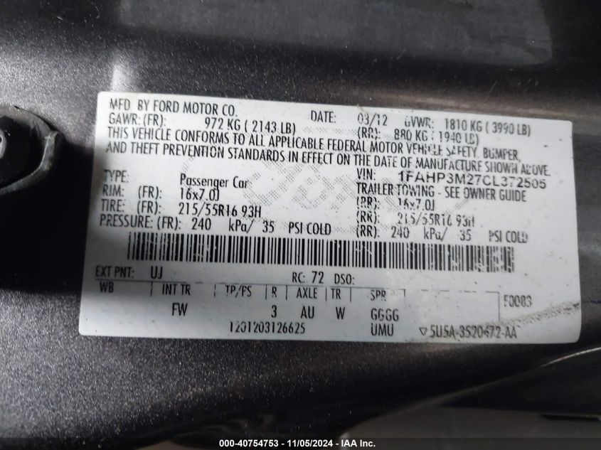 2012 Ford Focus Sel VIN: 1FAHP3M27CL372505 Lot: 40754753