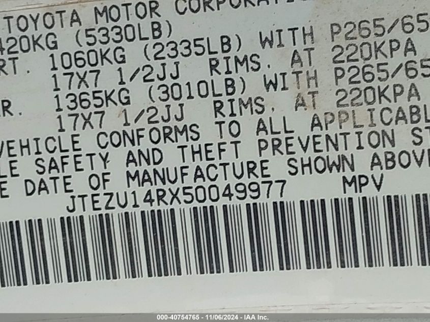 2005 Toyota 4Runner Sr5 V6 VIN: JTEZU14RX50049977 Lot: 40754765