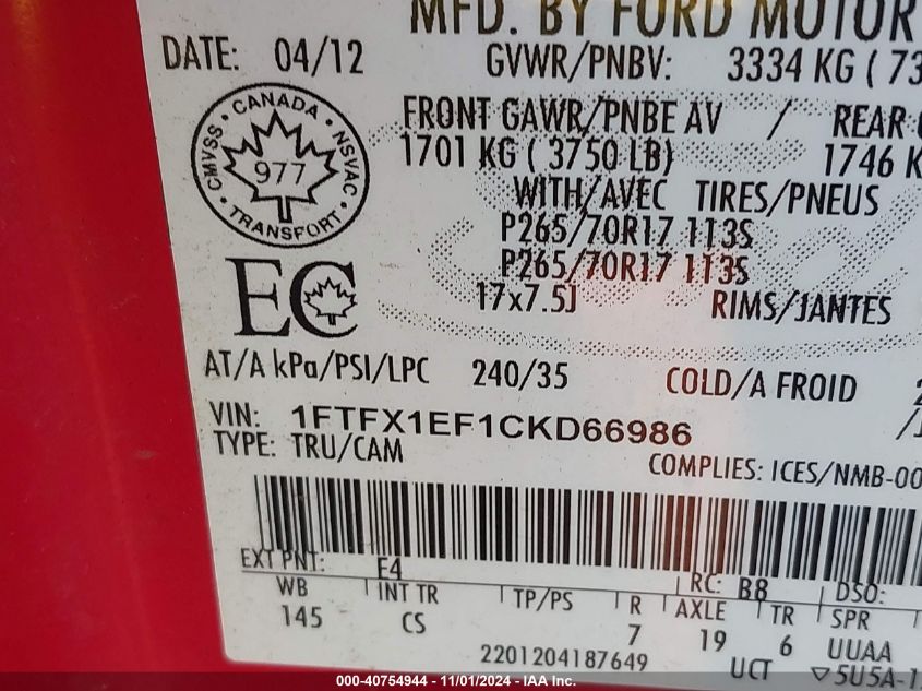 2012 Ford F-150 Xl VIN: 1FTFX1EF1CKD66986 Lot: 40754944