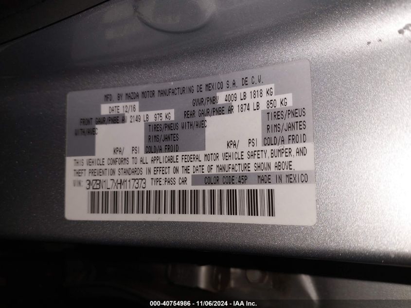 2017 Mazda Mazda3 Touring VIN: 3MZBN1L7XHM117373 Lot: 40754986