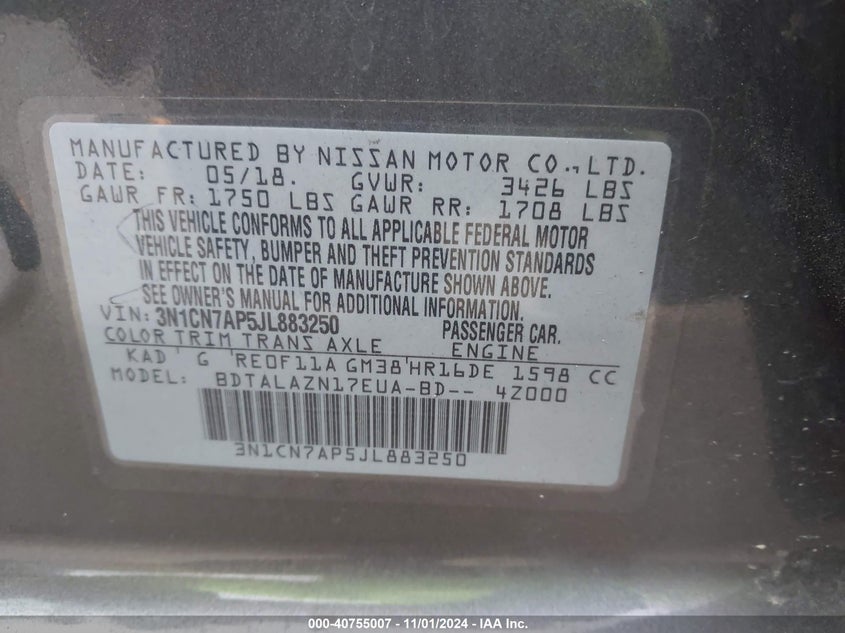 2018 NISSAN VERSA VIN: 3N1CN7AP5JL883250