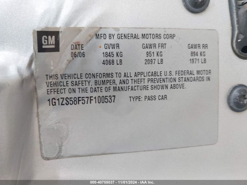 2007 Chevrolet Malibu Ls VIN: 1G1ZS58F57F100537 Lot: 40755037