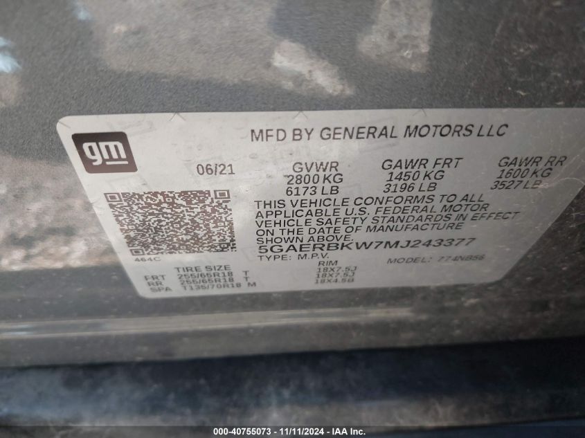 2021 Buick Enclave Fwd Essence VIN: 5GAERBKW7MJ243377 Lot: 40755073