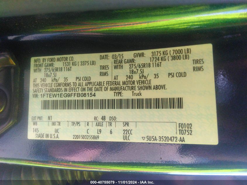 2015 Ford F-150 Xlt VIN: 1FTEW1EG9FFB08154 Lot: 40755079
