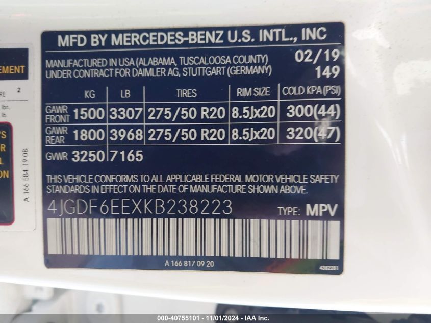 VIN 4JGDF6EEXKB238223 2019 Mercedes-Benz GLS 450, 4... no.9