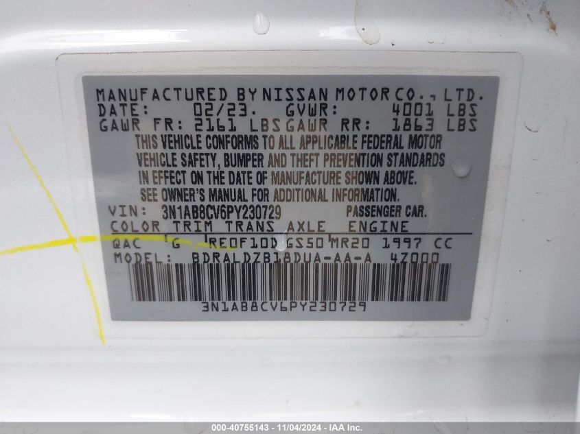 2023 Nissan Sentra Sv Xtronic Cvt VIN: 3N1AB8CV6PY230729 Lot: 40755143