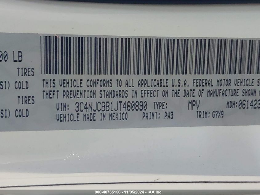 2018 Jeep Compass Altitude Fwd VIN: 3C4NJCBB1JT460890 Lot: 40755156