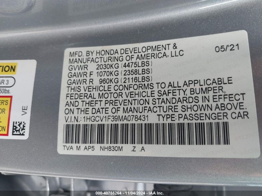 2021 Honda Accord Sport VIN: 1HGCV1F39MA078431 Lot: 40755264