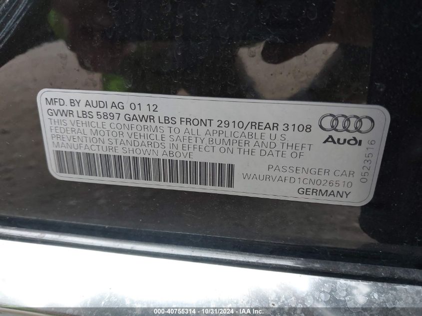 2012 Audi A8 L 4.2 VIN: WAURVAFD1CN026510 Lot: 40755314