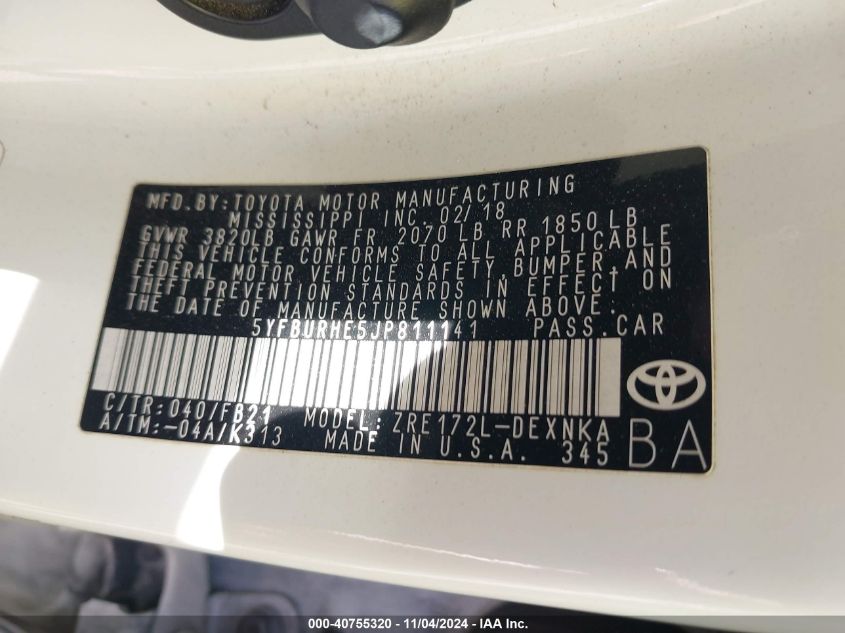 2018 TOYOTA COROLLA LE - 5YFBURHE5JP811141