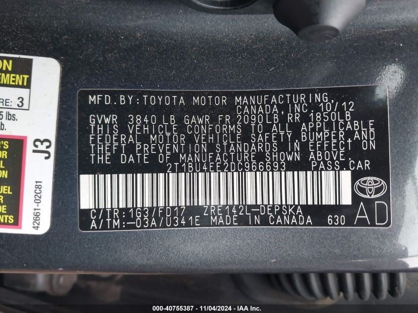 2013 Toyota Corolla S VIN: 2T1BU4EE2DC966693 Lot: 40755387