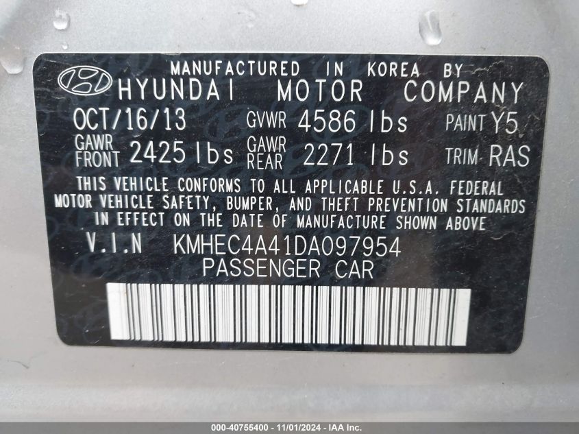 2013 Hyundai Sonata Hybrid Limited VIN: KMHEC4A41DA097954 Lot: 40755400