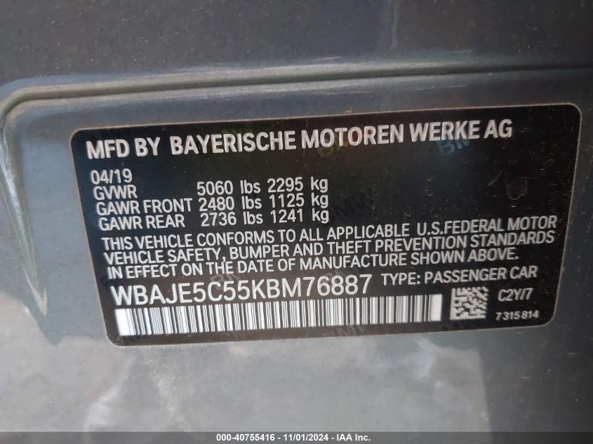 VIN WBAJE5C55KBM76887 2019 BMW 5 Series, 540I no.9