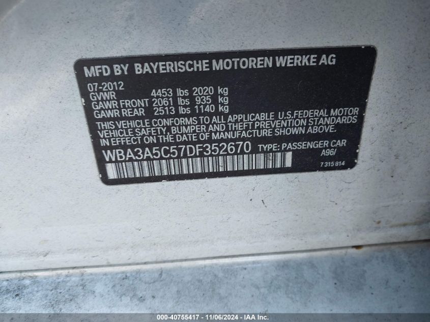 VIN WBA3A5C57DF352670 2013 BMW 3 Series, 328I no.9