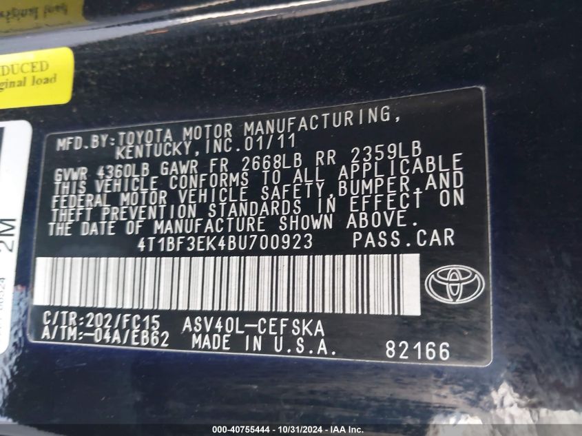 2011 Toyota Camry Se VIN: 4T1BF3EK4BU700923 Lot: 40755444