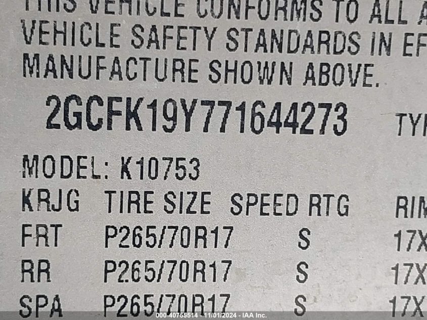 2007 Chevrolet Silverado 1500 Ltz VIN: 2GCFK19Y771644273 Lot: 40755514