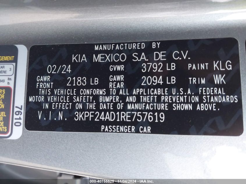 2024 Kia Forte Lxs VIN: 3KPF24AD1RE757619 Lot: 40755525