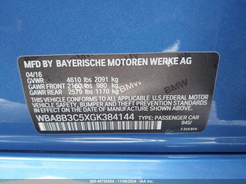 2016 BMW 340I VIN: WBA8B3C5XGK384144 Lot: 40755554