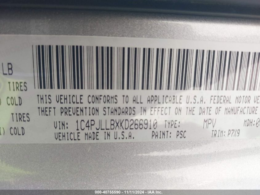 VIN 1C4PJLLBXKD266910 2019 JEEP CHEROKEE LATITUDE PLUS FWD