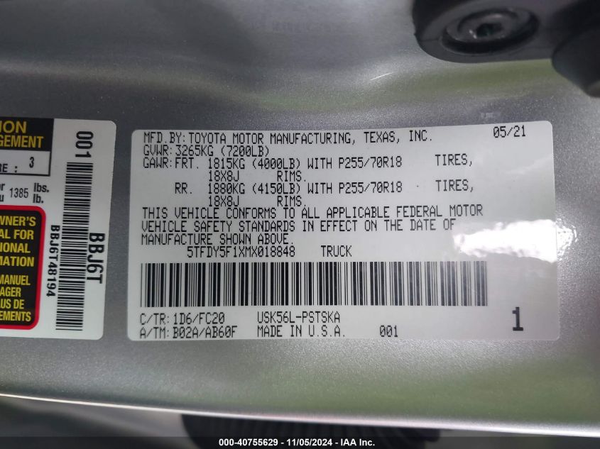 2021 Toyota Tundra Sr5 VIN: 5TFDY5F1XMX018848 Lot: 40755629