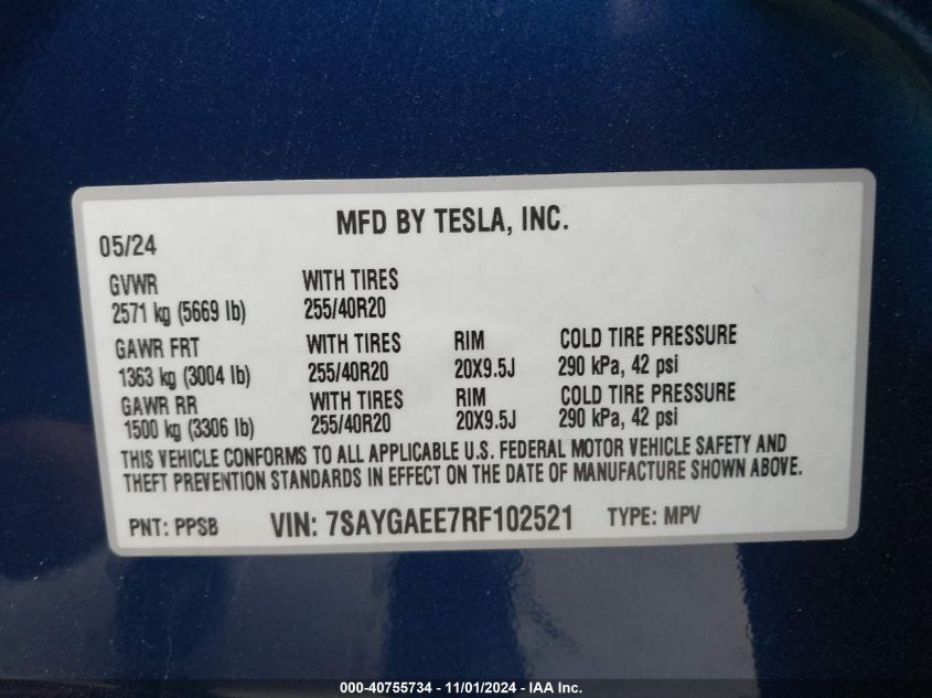 2024 Tesla Model Y Long Range Dual Motor All-Wheel Drive VIN: 7SAYGAEE7RF102521 Lot: 40755734