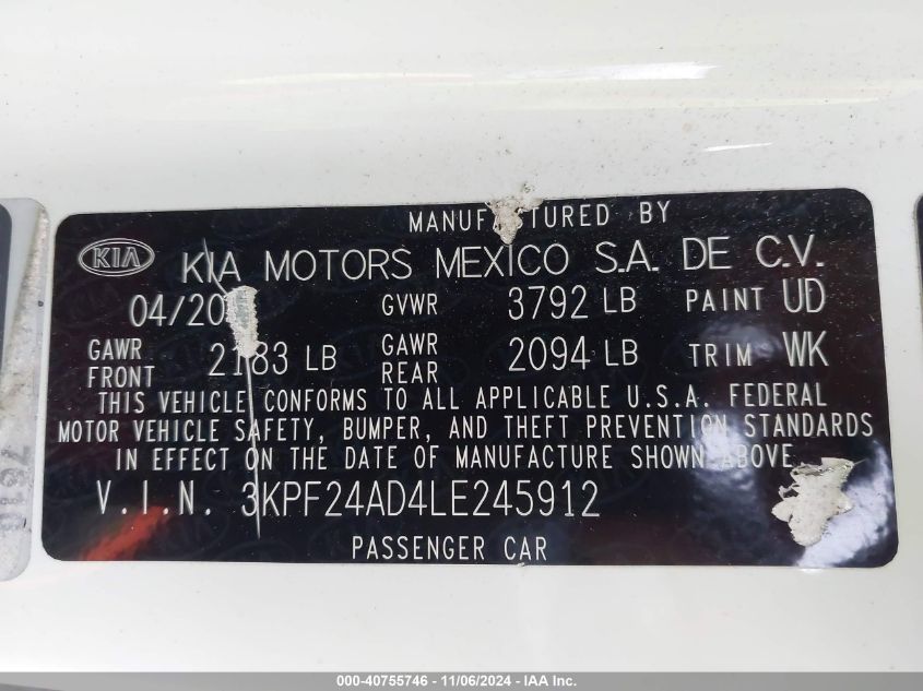 2020 Kia Forte Lxs VIN: 3KPF24AD4LE245912 Lot: 40755746