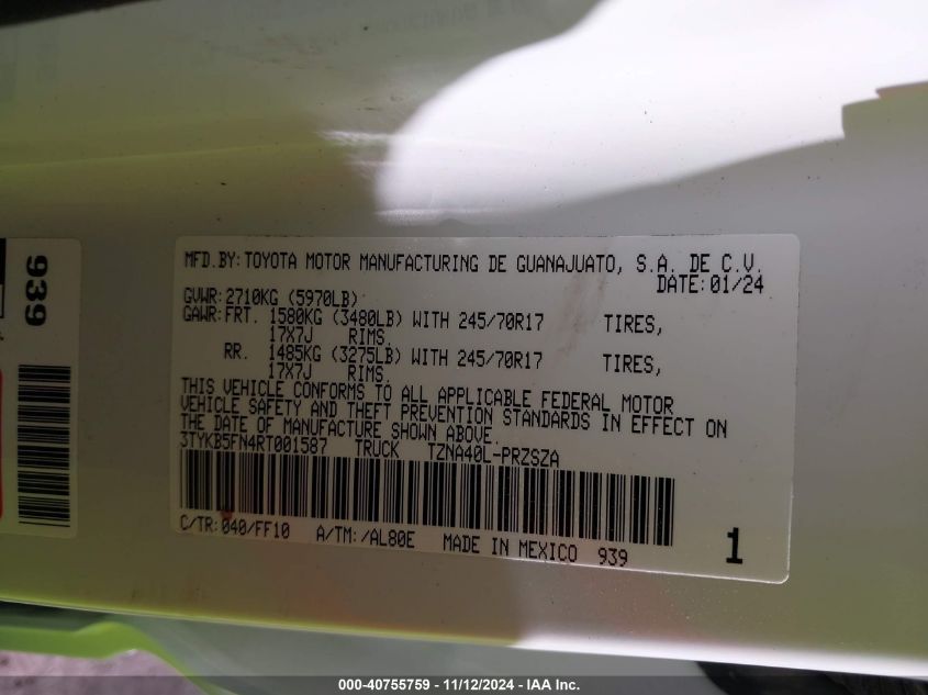 2024 Toyota Tacoma Sr5 VIN: 3TYKB5FN4RT001587 Lot: 40755759