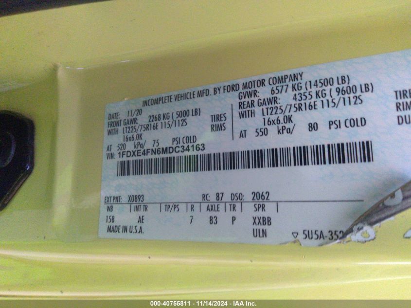 2021 Ford E-450 Cutaway VIN: 1FDXE4FN6MDC34163 Lot: 40755811