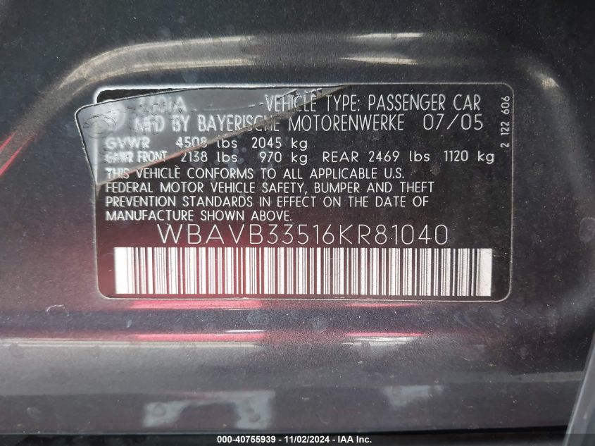 2006 BMW 330I VIN: WBAVB33516KR81040 Lot: 40755939