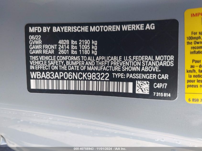 2022 BMW M440I VIN: WBA83AP06NCK98322 Lot: 40755943