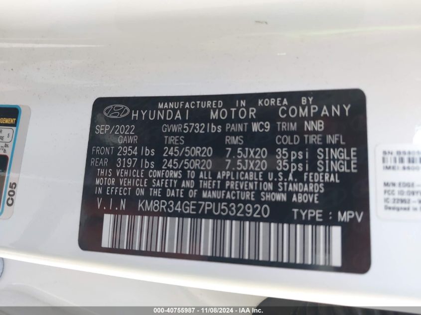 2023 Hyundai Palisade Xrt VIN: KM8R34GE7PU532920 Lot: 40755987