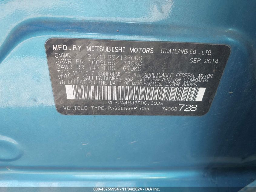 2015 Mitsubishi Mirage Es VIN: ML32A4HJ3FH013039 Lot: 40755994