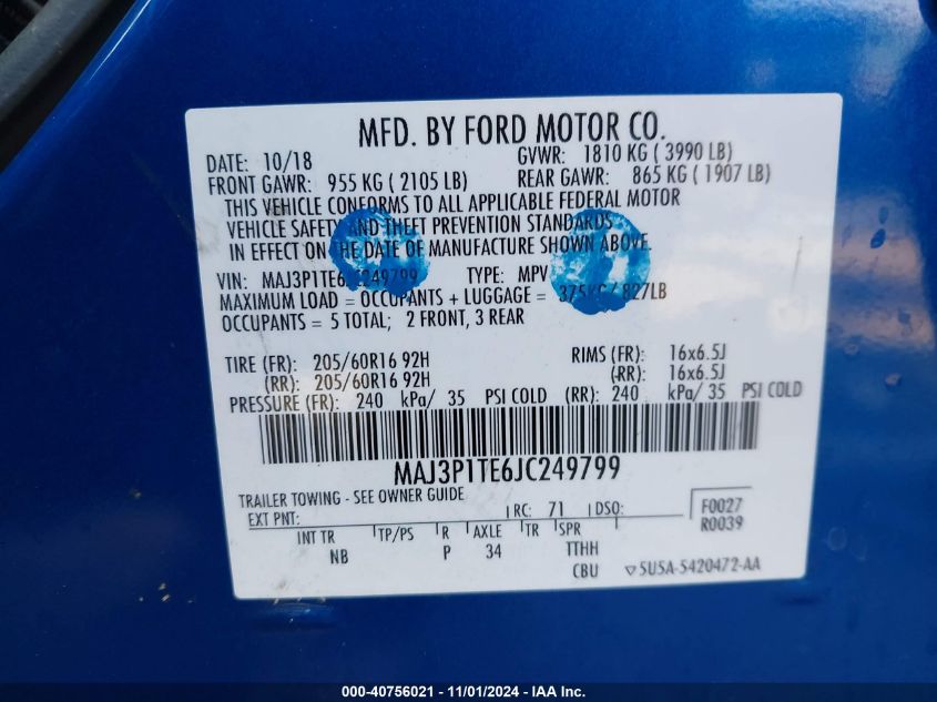VIN MAJ3P1TE6JC249799 2018 FORD ECOSPORT SE