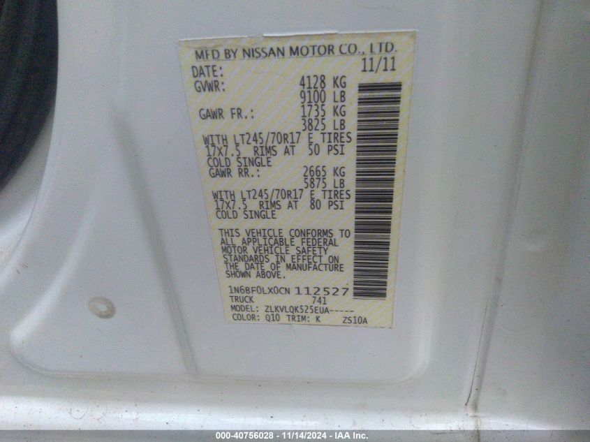 2012 Nissan Nv 2500 Nv2500 Hd S V6 VIN: 1N6BF0LX0CN112527 Lot: 40756028