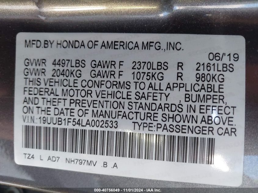 2020 Acura Tlx Tech Package VIN: 19UUB1F54LA002533 Lot: 40756049