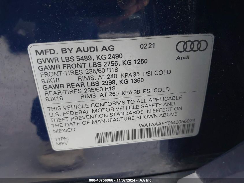 2021 Audi Q5 Premium 45 Tfsi Quattro S Tronic VIN: WA1AAAFY9M2056074 Lot: 40756066