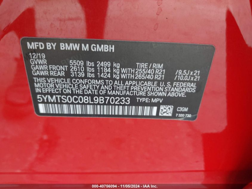 VIN 5YMTS0C08L9B70233 2020 BMW X3 M no.9